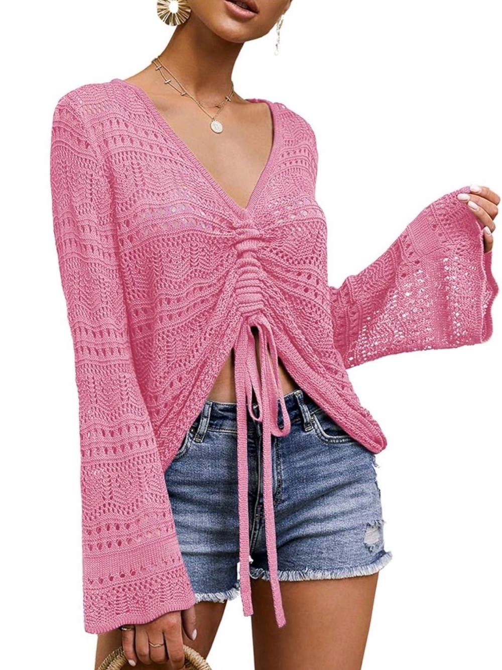 Pink Crochet Drawstring V-Neck Top